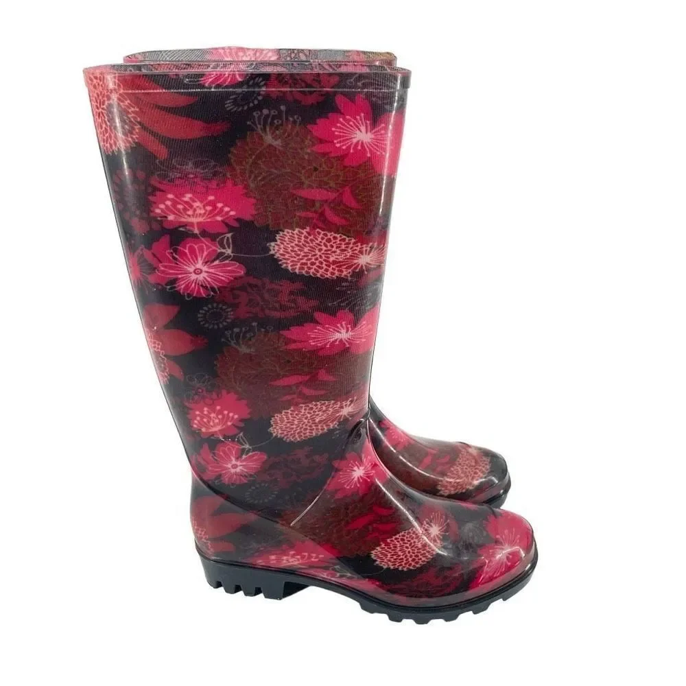 725 Originals Women’s Pink Floral Tall Rubber Waterproof Boots Size 5